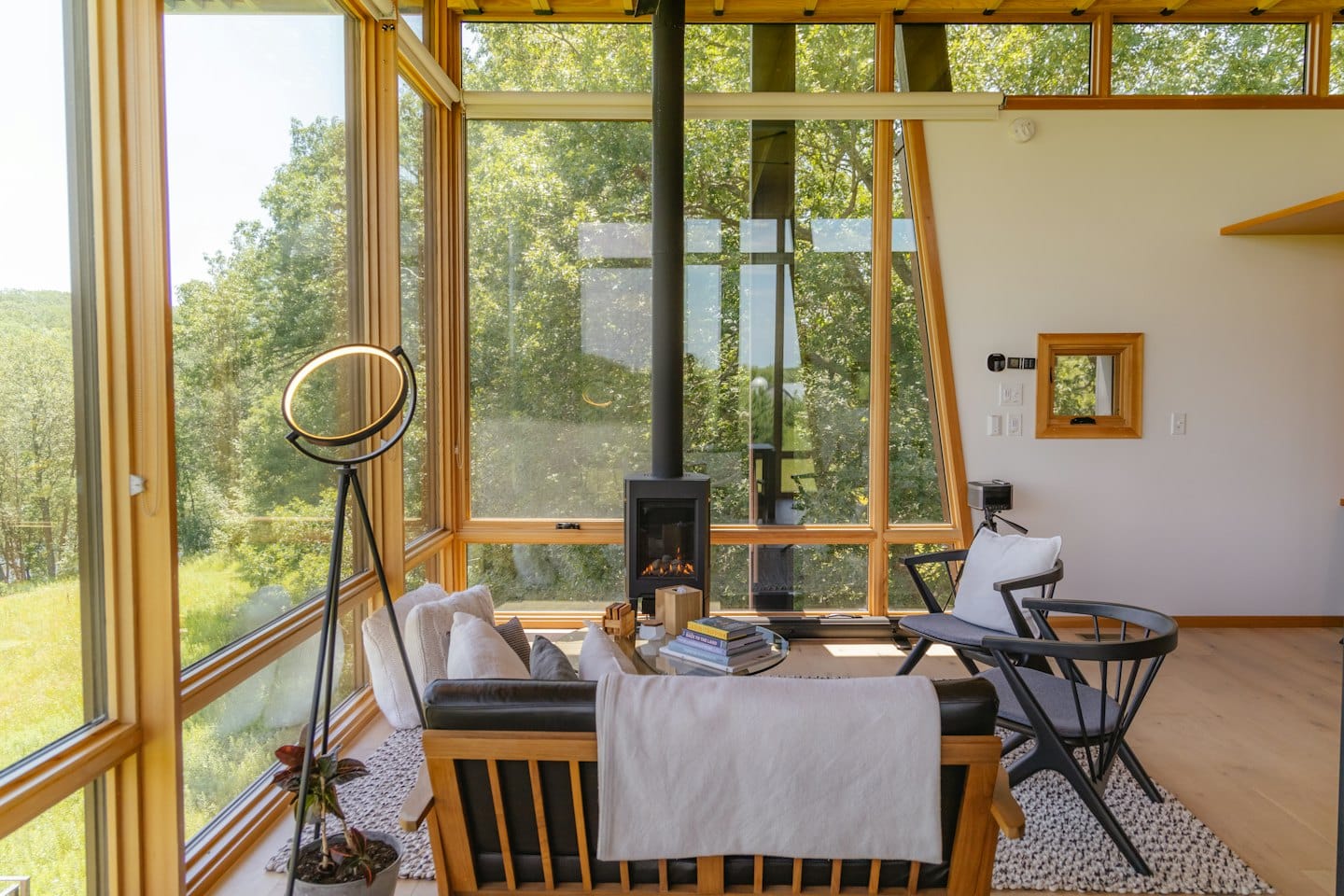 Moderne woonkamer met open haard en uitzicht op bomen.